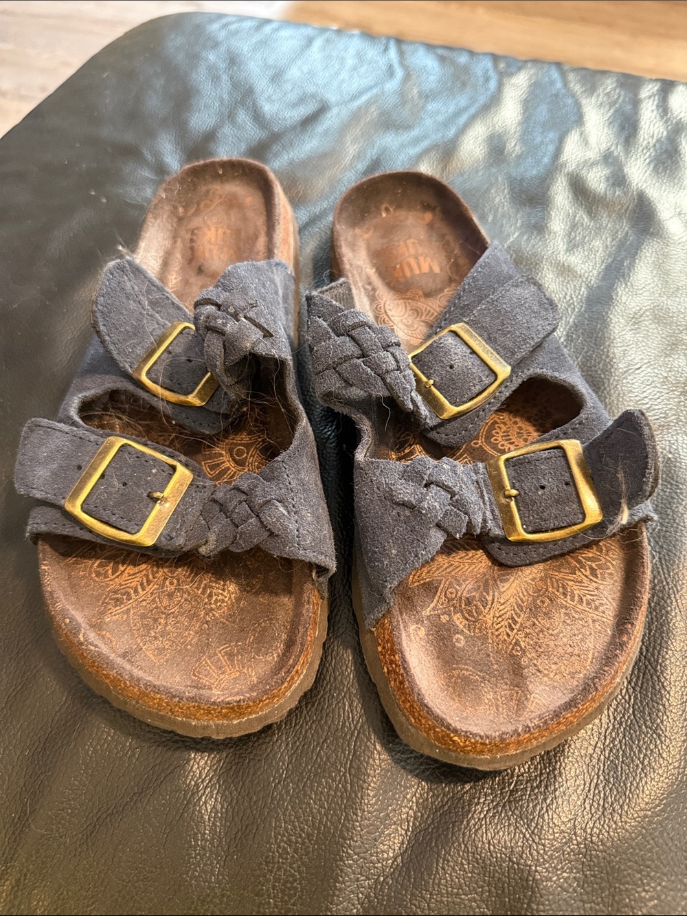 Suede Braided Strap Sandals in Navy with Buckles